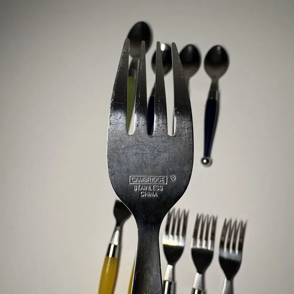 Vintage Retro Cambridge Stainless Flatware, Multi Color Lucite Handles 10-piece